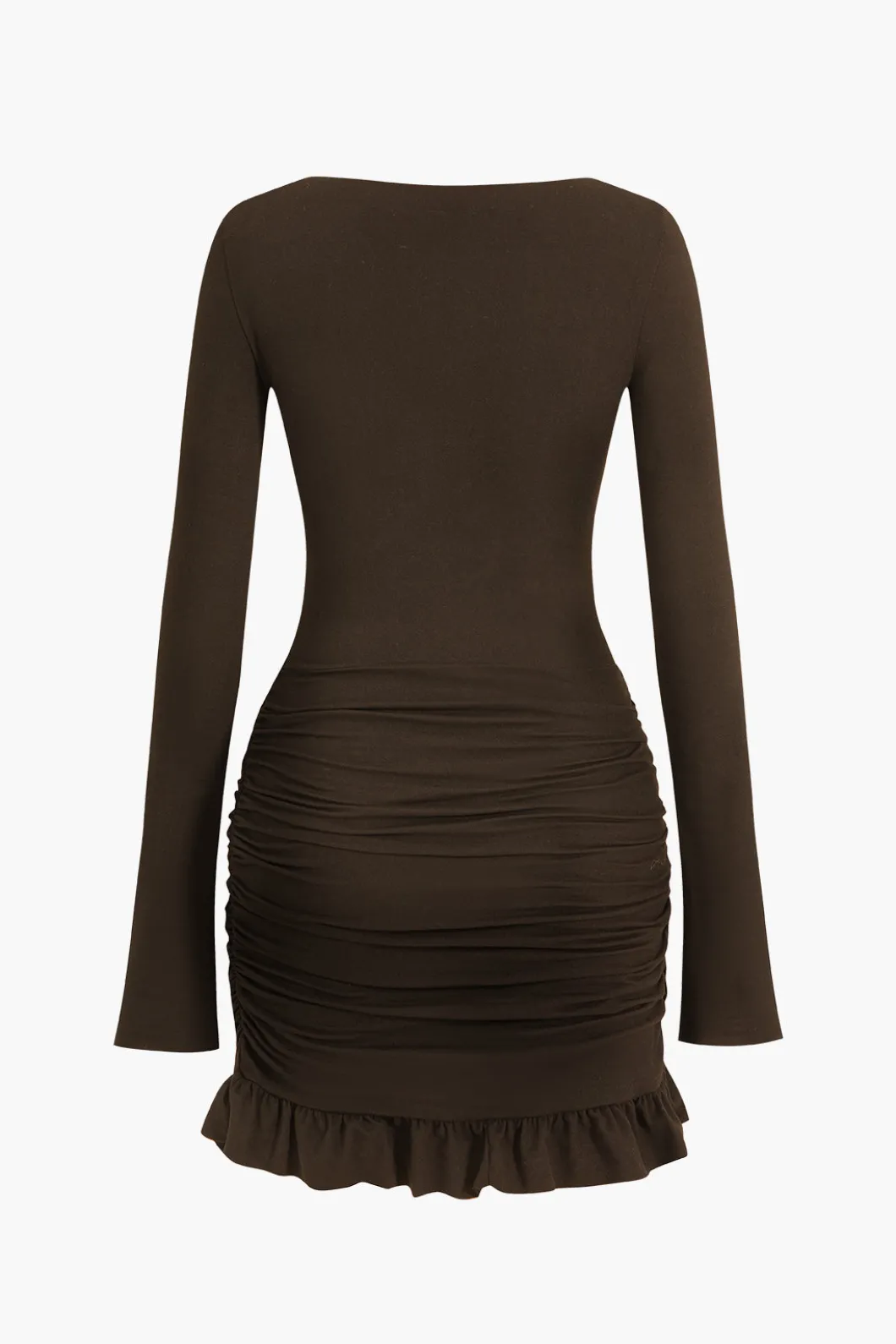 Solid Ruffle Ruched Twist Long Sleeve Mini Dress>MICAS Best