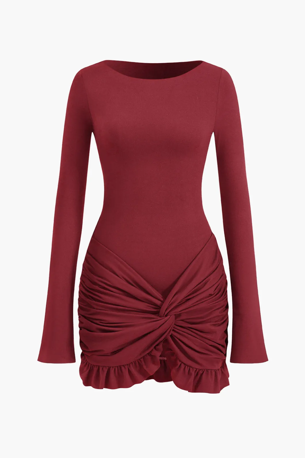 Solid Ruffle Ruched Twist Long Sleeve Mini Dress>MICAS Best
