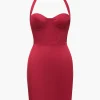 Solid Satin Halter Neck Bustier Mini Dress>MICAS New