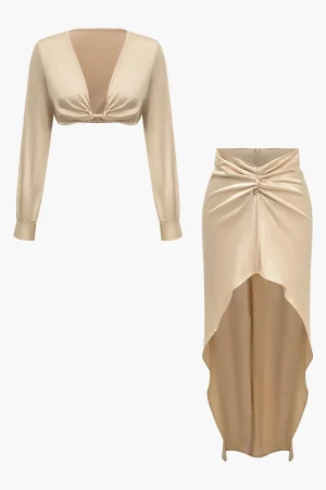 Solid Satin V-neck Cropped Shirt And Asymmetrical Skirt Set>MICAS Clearance