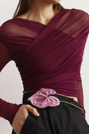 Solid Sheer Mesh Ruched Long-Sleeve Top>MICAS Hot