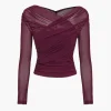 Solid Sheer Mesh Ruched Long-Sleeve Top>MICAS Hot