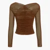 Solid Sheer Mesh Ruched Long-Sleeve Top>MICAS Hot
