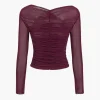 Solid Sheer Mesh Ruched Long-Sleeve Top>MICAS Hot
