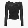 Solid Sheer Mesh Ruched Long-Sleeve Top>MICAS Hot