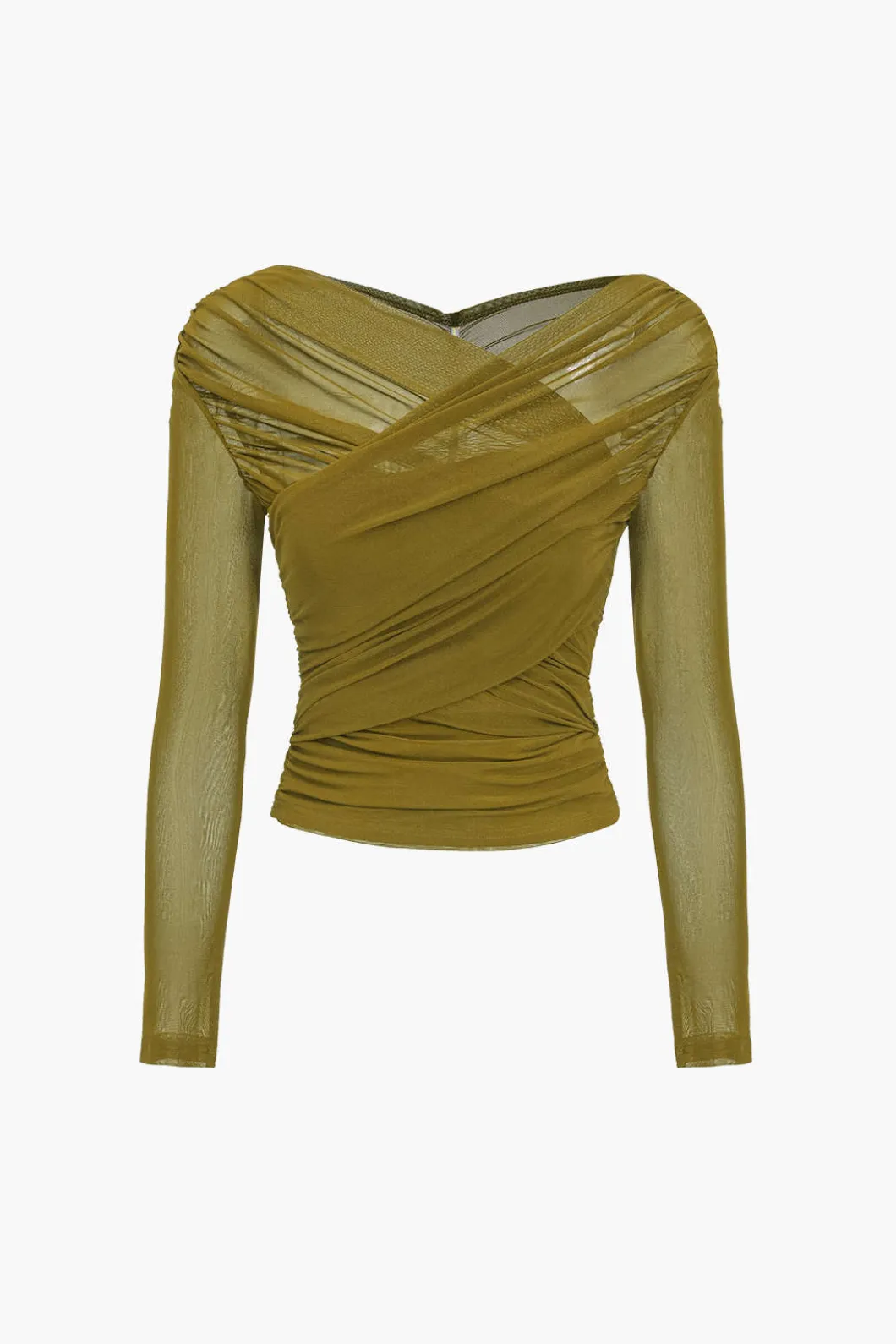 Solid Sheer Mesh Ruched Long-Sleeve Top>MICAS Hot