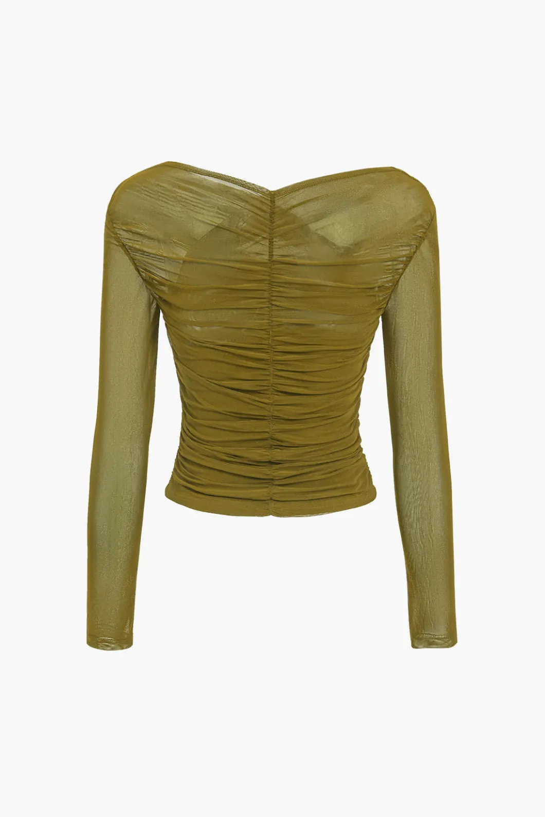 Solid Sheer Mesh Ruched Long-Sleeve Top>MICAS Hot