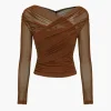 Solid Sheer Mesh Ruched Long-Sleeve Top>MICAS Hot