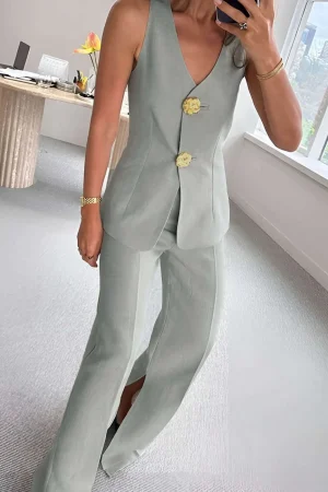 Solid Sleeveless Suit Vest And Pants Set>MICAS New