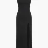 Solid Slip Strap Slit Midi Dress>MICAS Clearance