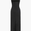 Solid Slip Strap Slit Midi Dress>MICAS Clearance