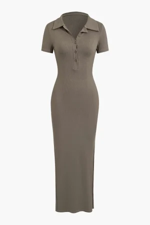 Solid Slit Collar Midi Dress>MICAS Fashion