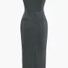 Solid Slit Ruched Strapless Midi Dress>MICAS Sale