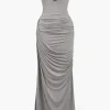 Solid Strapless Ruched Maxi Dress>MICAS Discount