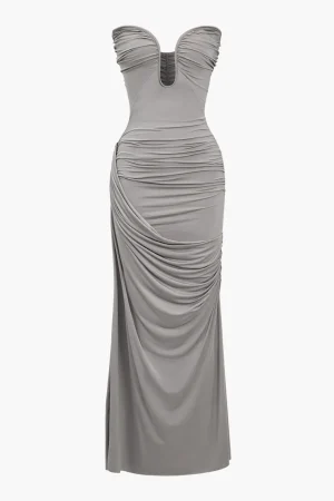 Solid Strapless Ruched Maxi Dress>MICAS Discount