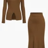 Solid Sweater Cut Out Top And Skirt Set>MICAS Discount