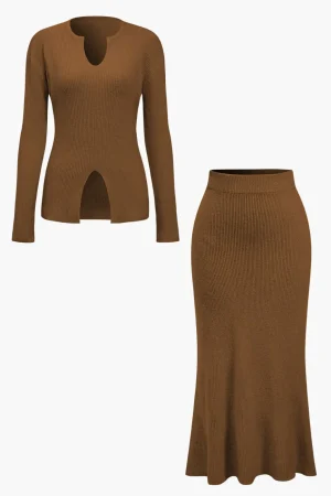 Solid Sweater Cut Out Top And Skirt Set>MICAS Discount