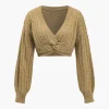 Solid Sweater Twist Knot V-Neck Long-Sleeve Top>MICAS Fashion