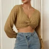 Solid Sweater Twist Knot V-Neck Long-Sleeve Top>MICAS Fashion