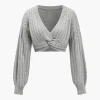 Solid Sweater Twist Knot V-Neck Long-Sleeve Top>MICAS Fashion