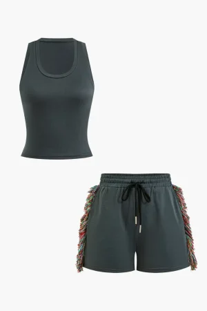 Solid Tank Top And Fringe Drawstring Shorts Set>MICAS Outlet