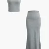 Solid Tank Top And Mermaid Maxi Skirt Set>MICAS Hot