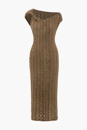 Solid Textured Asymmetrical Twist Knot Midi Dress>MICAS Clearance
