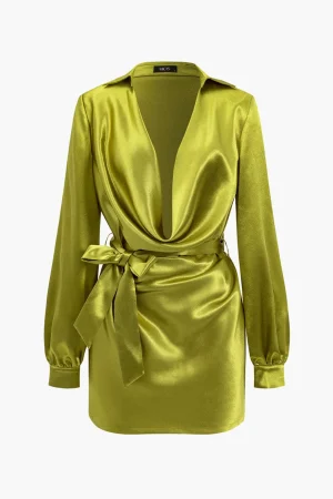 Solid Tie Front Draped Cowl Neck Belted Mini Dress>MICAS Outlet