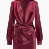 Solid Tie Front Draped Cowl Neck Belted Mini Dress>MICAS Outlet