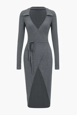 Solid Tie Front Long Sleeve Midi Dress>MICAS Sale