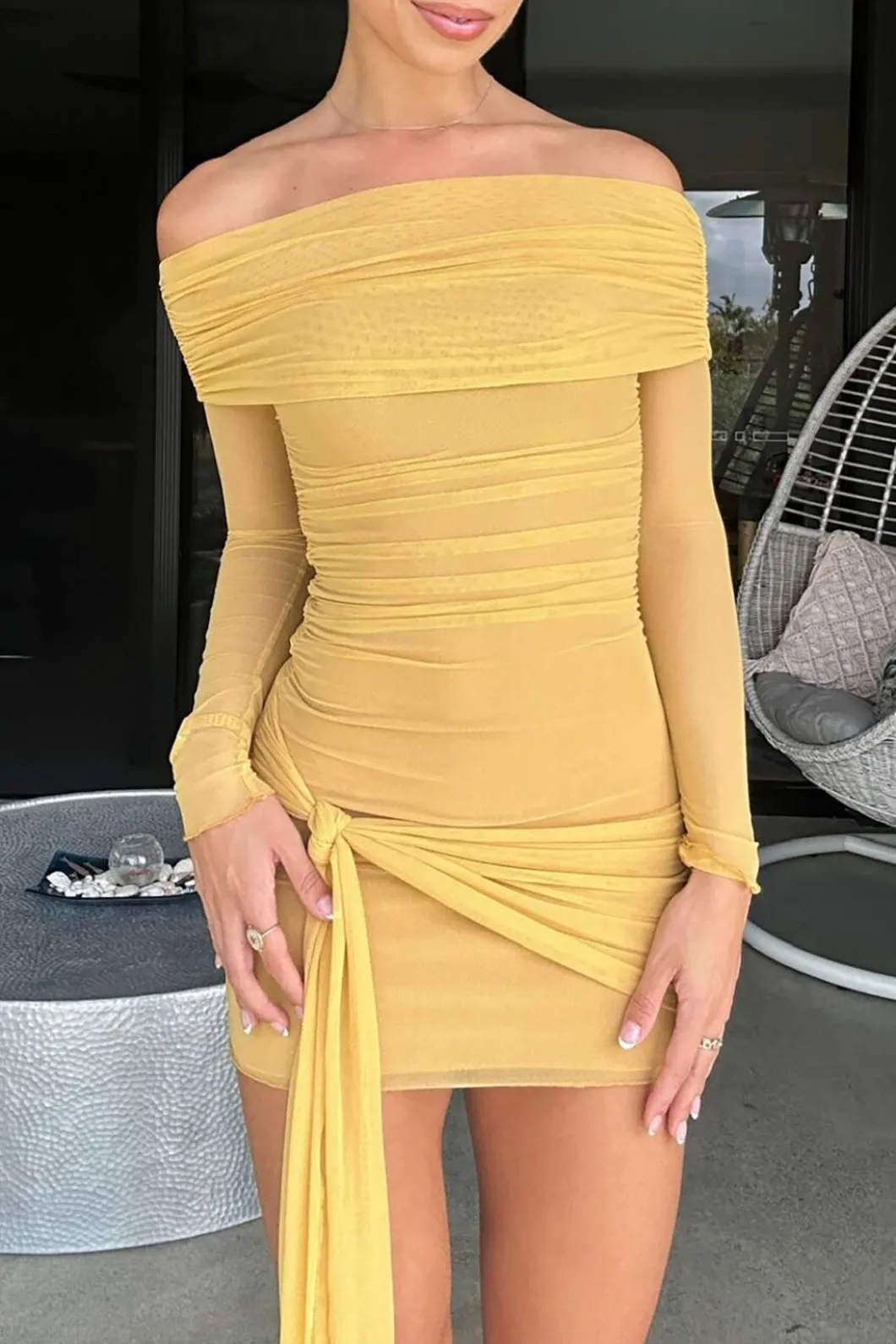 Solid Tie Front Off Shoulder Mini Dress>MICAS Best