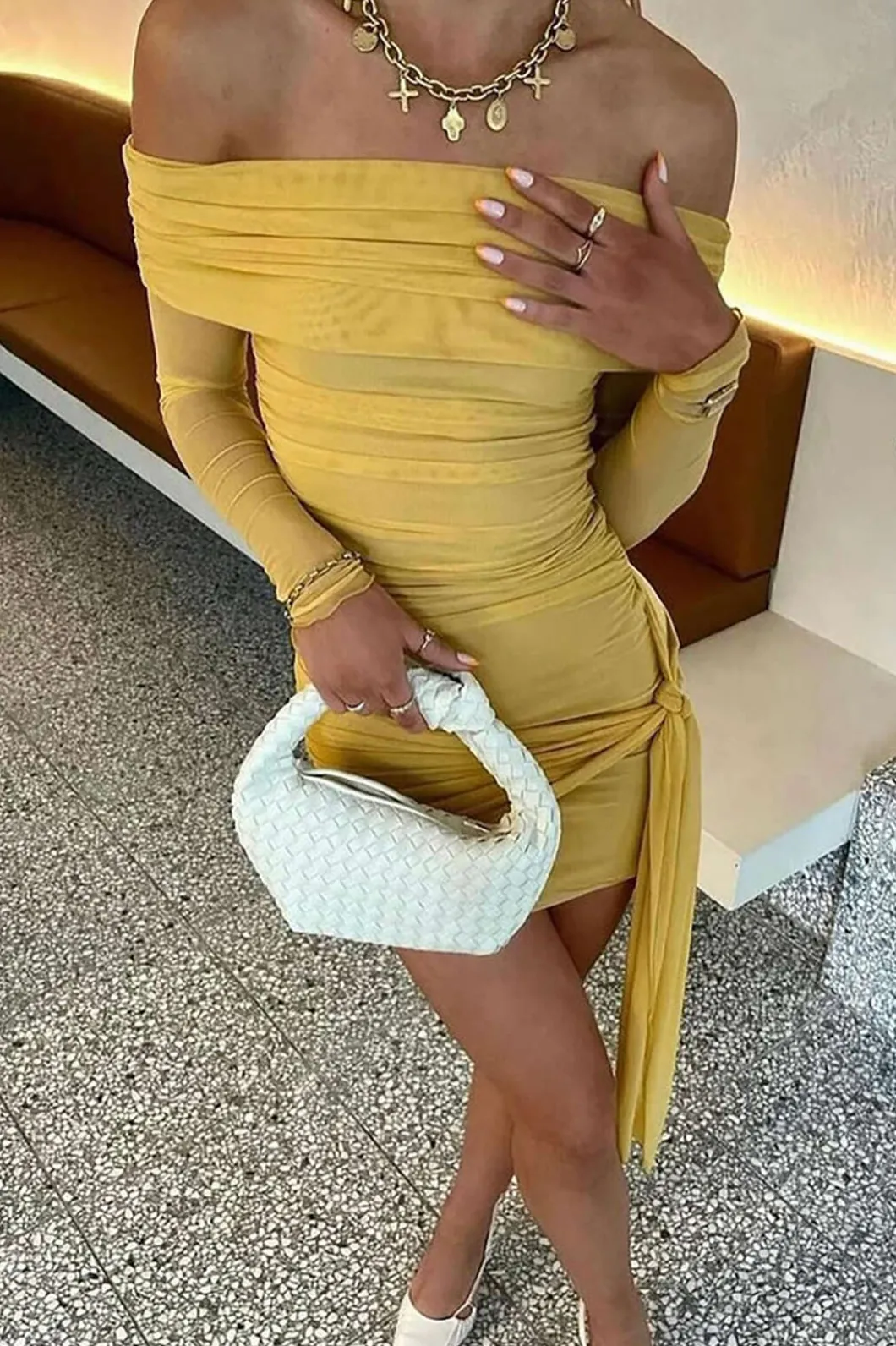 Solid Tie Front Off Shoulder Mini Dress>MICAS Best