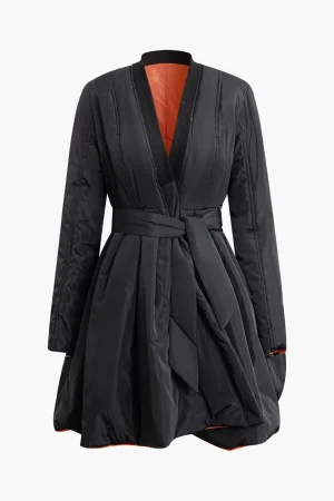 Solid Tie Front V-neck Puffer>MICAS Hot