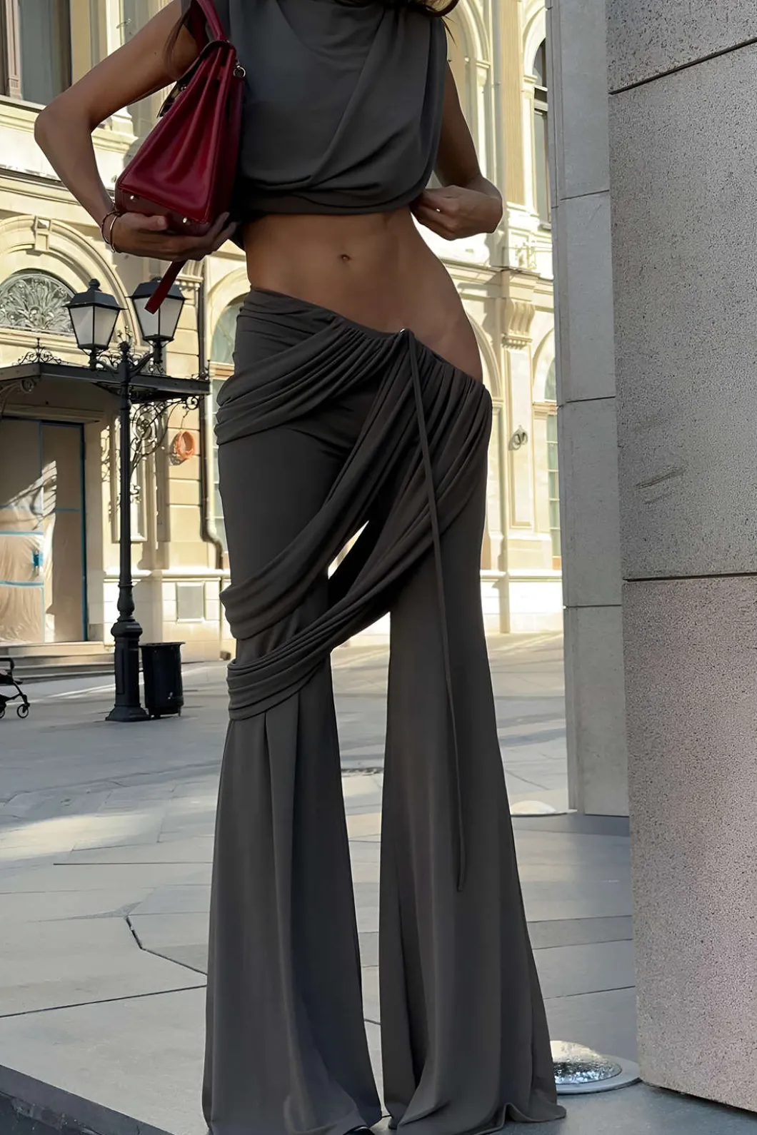 Solid Top And Asymmetrical Drawstring Flared Trouser Set>MICAS Outlet