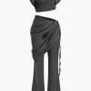 Solid Top And Asymmetrical Drawstring Flared Trouser Set>MICAS Outlet