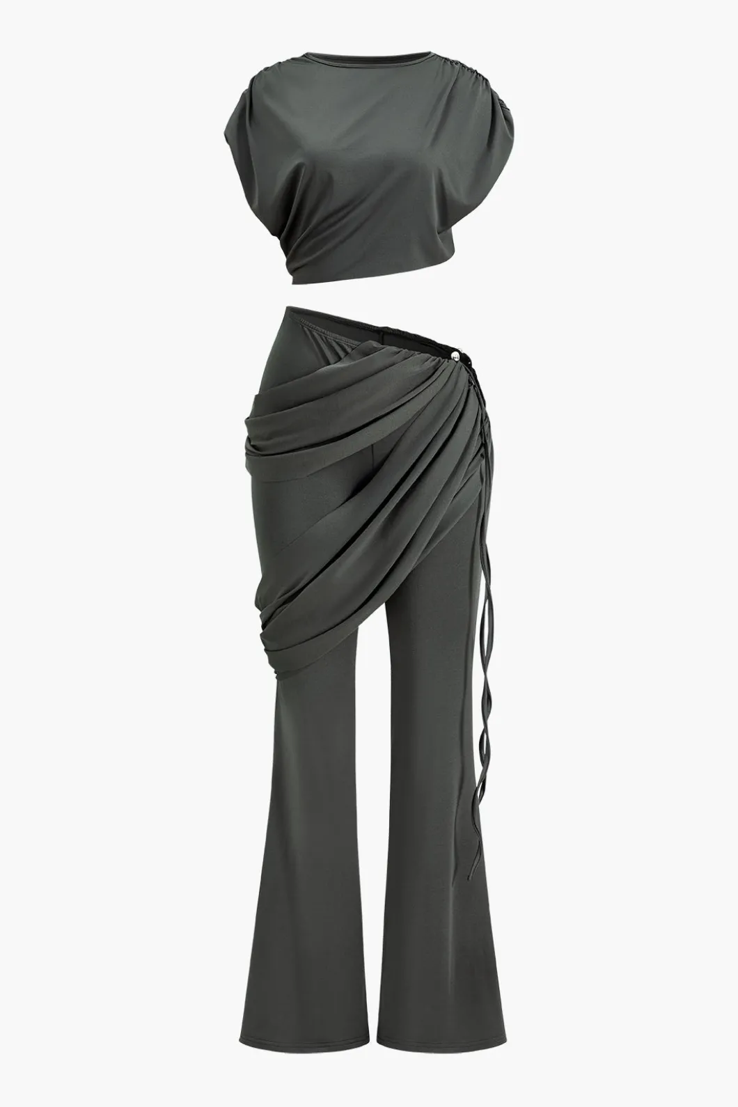 Solid Top And Asymmetrical Drawstring Flared Trouser Set>MICAS Outlet