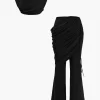 Solid Top And Asymmetrical Drawstring Flared Trouser Set>MICAS Outlet