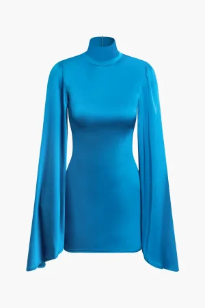 Solid Turtleneck Bell Sleeve Ruched Mini Dress>MICAS Fashion
