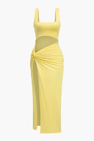 Solid Twist Front Cut Out Slit Midi Dress>MICAS Hot