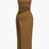 Solid Twist Front Cut Out Slit Midi Dress>MICAS Hot