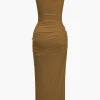 Solid Twist Front Cut Out Slit Midi Dress>MICAS Hot