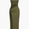 Solid Twist Front Cut Out Slit Midi Dress>MICAS Hot