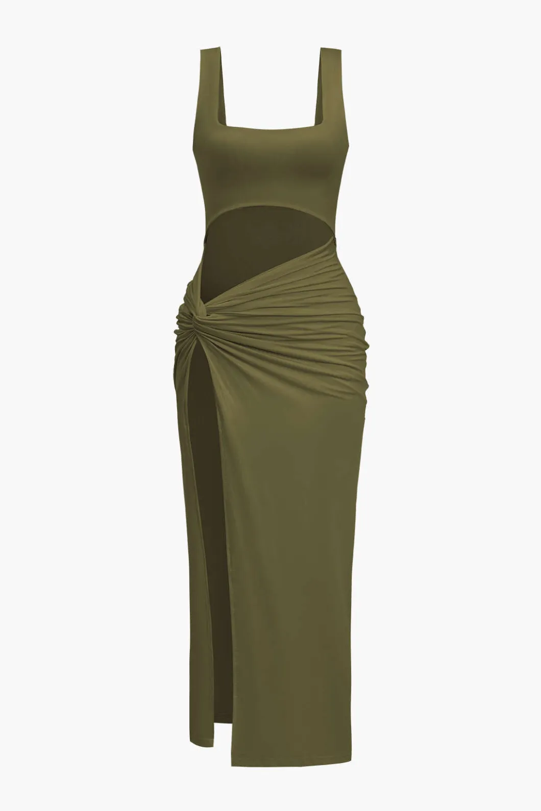 Solid Twist Front Cut Out Slit Midi Dress>MICAS Hot
