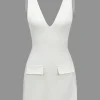 Solid V-neck Fake Pocket Mini Dress>MICAS Fashion