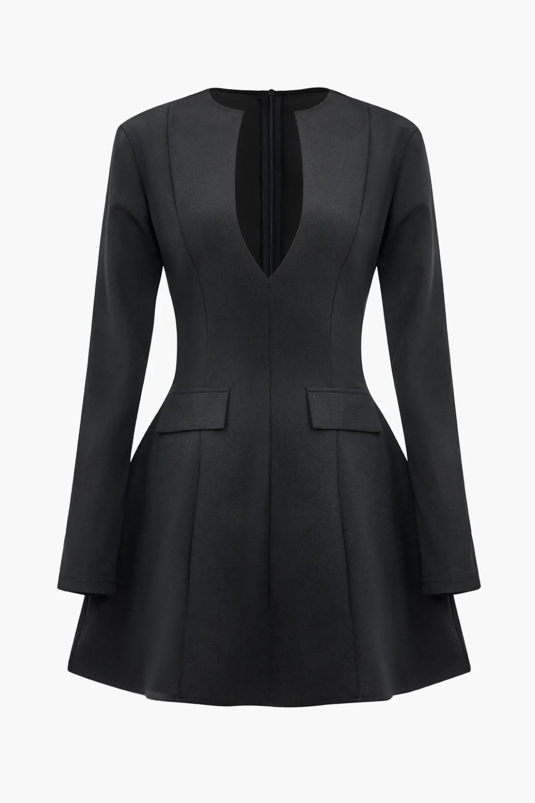 Solid V-neck Fake Pockets And Zipper Mini Dress>MICAS Sale