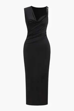 Solid V-Neck Irregular Midi Dress>MICAS Discount