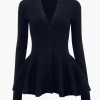 Solid V-neck Puff Hem Sweater Cardigan>MICAS Clearance