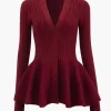 Solid V-neck Puff Hem Sweater Cardigan>MICAS Clearance