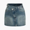 Solid Washed Pocket Zipper Denim Skirt>MICAS New