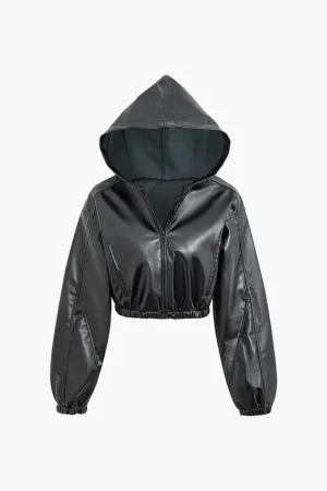 Solid Zipper Hooded Faux Leather Jacket>MICAS Clearance